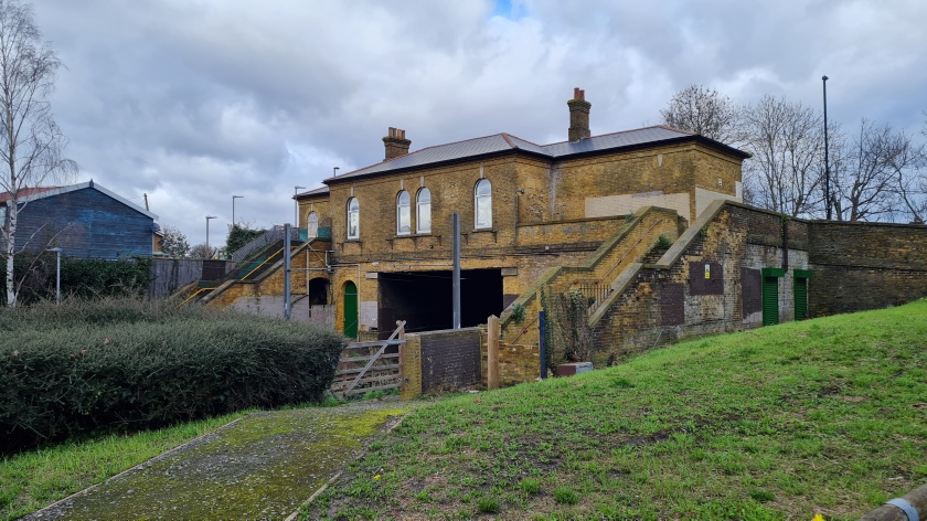 The rear of the abandoned Woodside station, taken from the slope down to the southbound tram platform, just out of sight to the left.
